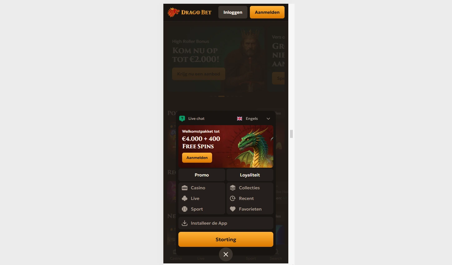 Actuele Drago Bet website in een mobiele browserweergave