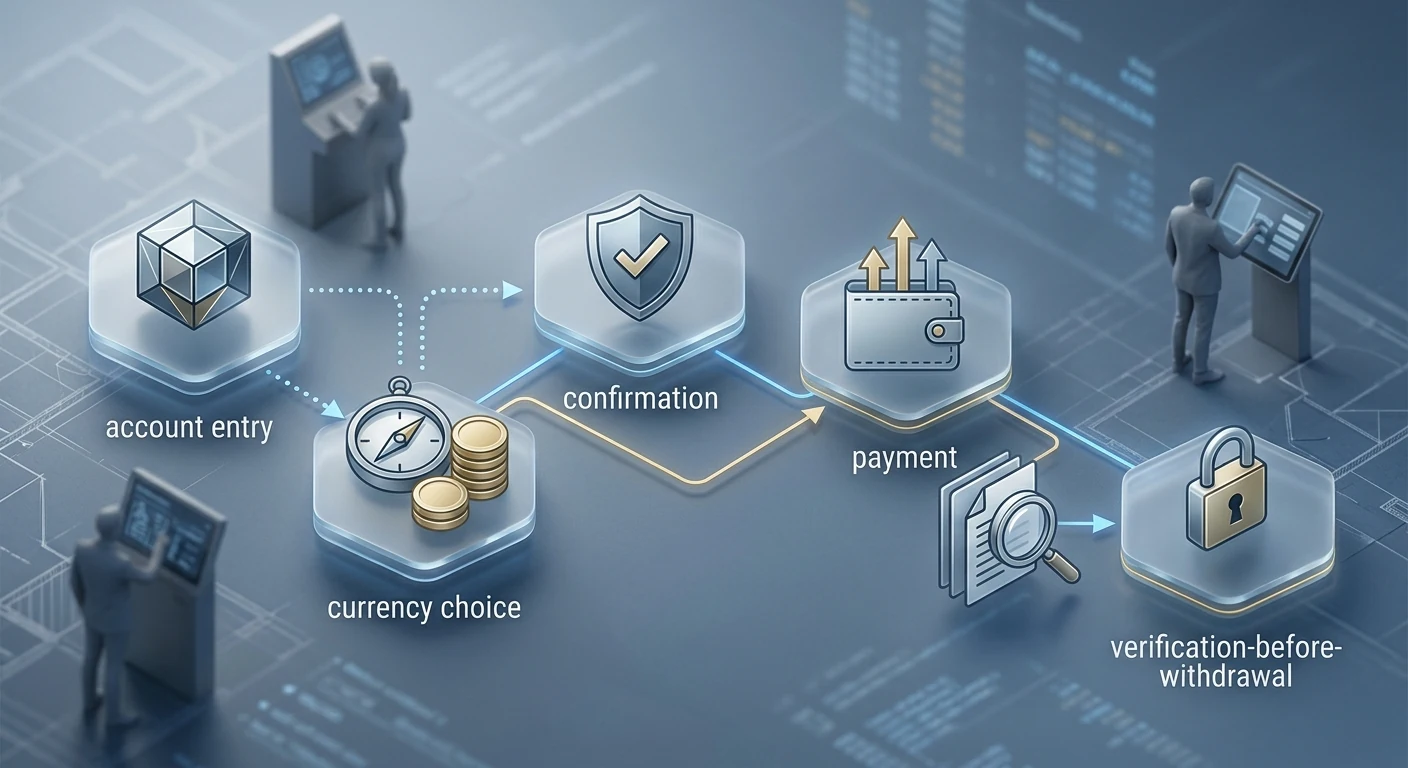 Neutraal stappenoverzicht voor accountgegevens, valuta, bevestiging, storting en KYC voor opname