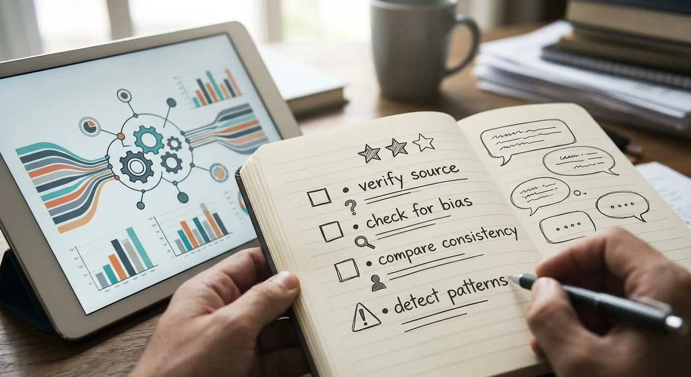 Redactionele illustratie met beoordelingssterren, tekstballonnen en een checklist voor het wegen van online reviews