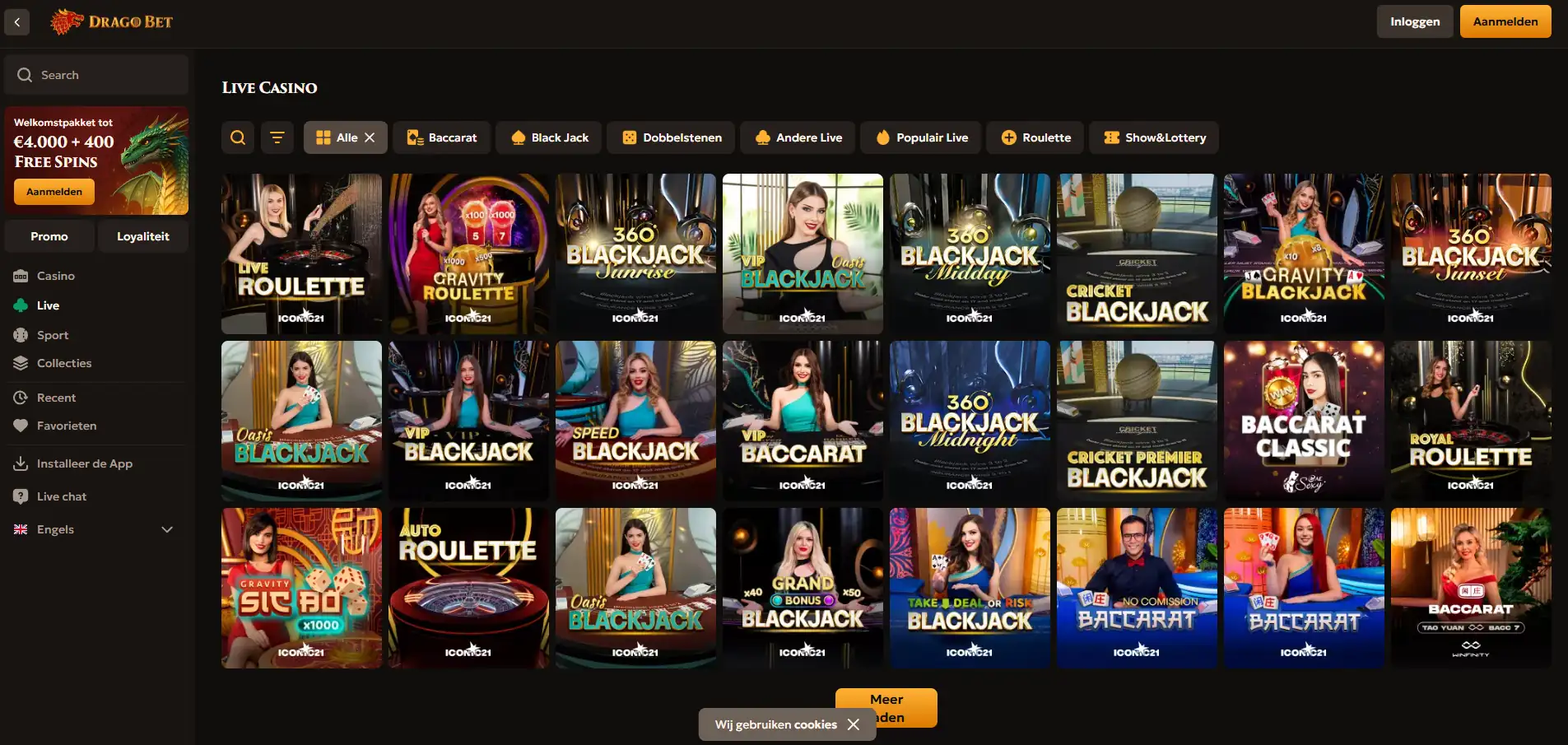 Actuele officiële Drago Bet live-casinosectie met zichtbare live spelcategorieën