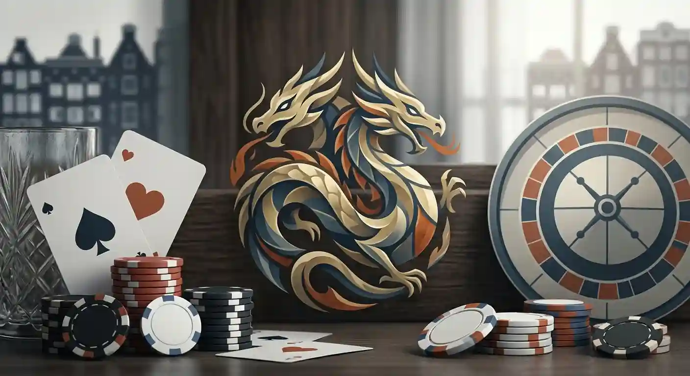 Redactionele illustratie met draakmotief, casinospellen en subtiele Nederlandse elementen
