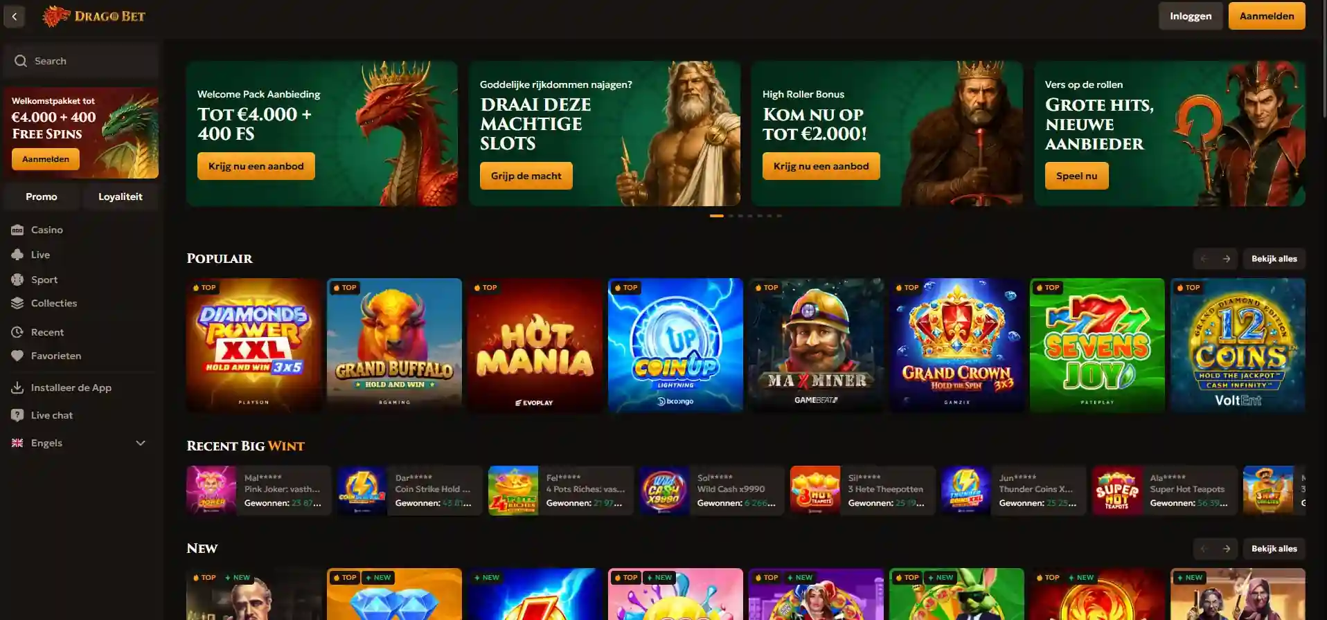 Actuele Drago Bet-homepage met merknaam en welkomstpakket